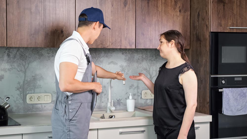 homeowner conversing with a plumber